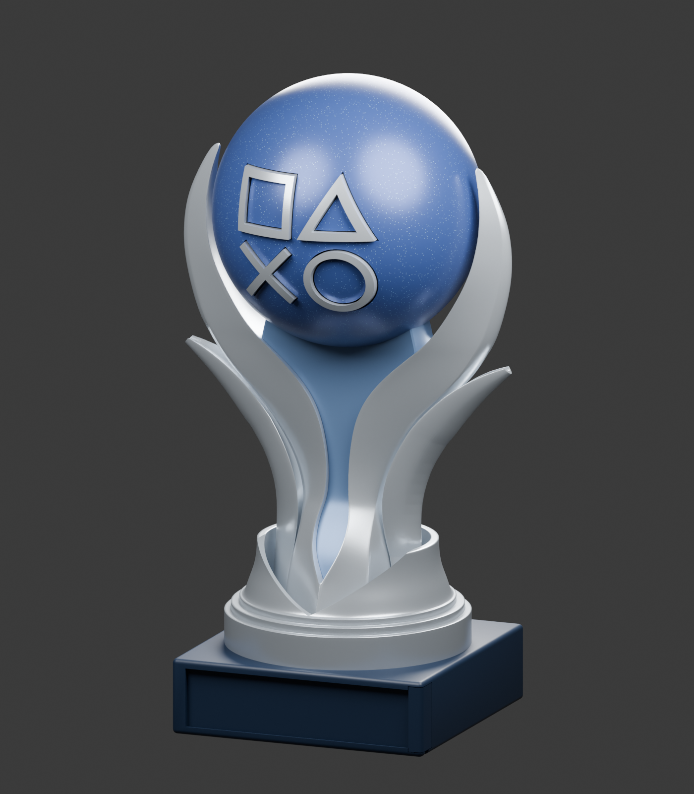 Render del modello v08: sfera blu con quattro simboli argento, sostegni argentati e piedistallo blu notte con sede per la targhetta